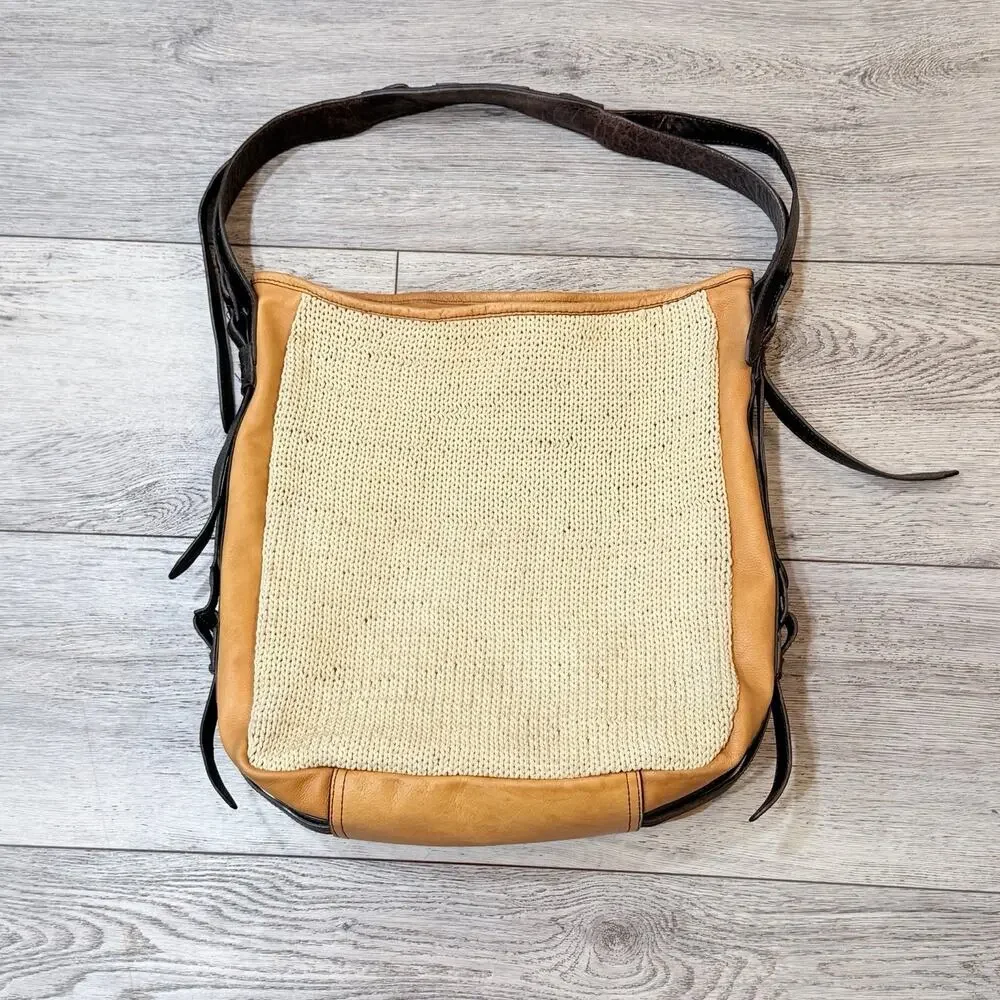 Anthropologie Holding Horses Leather With Crochet Purse Tote Bag Brown Beige